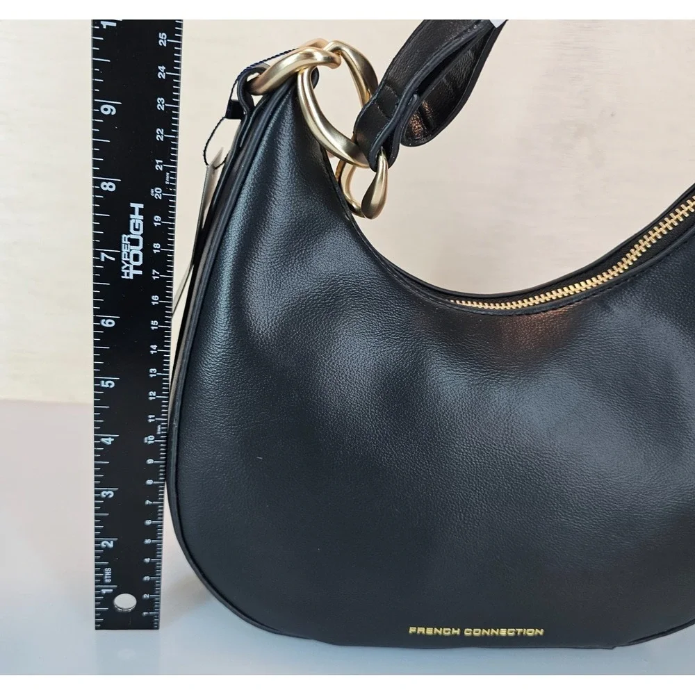 French Connection Moritz Hobo Bag Womens Black Smooth Zip Purse Shoulder